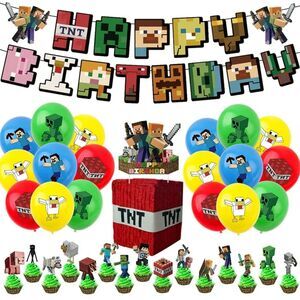 Minecraft Theme Birthday Party Decorations - Balloons, Cake Toppers, Banner, New